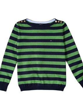 Tommy Hilfiger Green & Navy Striped Button-Shoulder Sweater – Size M